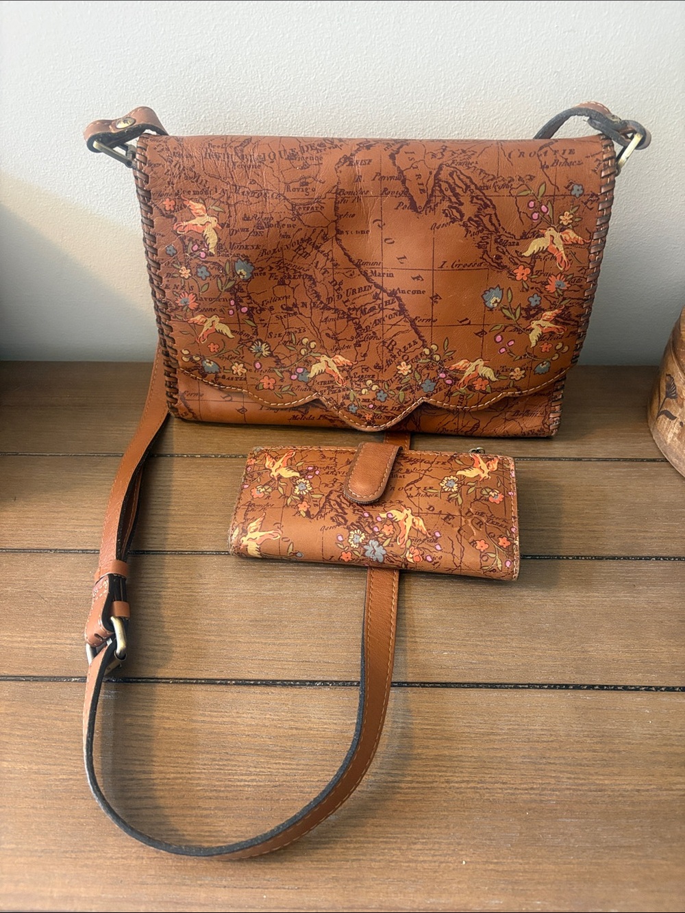 Patricia Nash Tan Brown Map-Print Leather Crossbody with Floral Embroidery